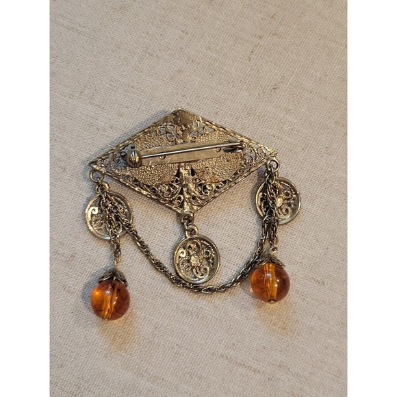 VTG Retro Ornate Filigree Jewel tone Beaded Dangles Antiqued Gold Brooch Pin - Picture 4 of 6